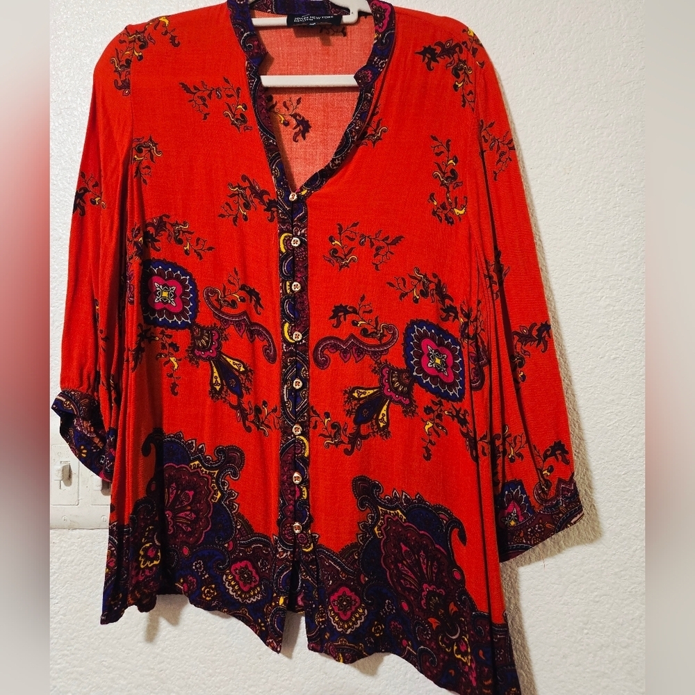 Jones New York Red Printed Button-Front Tunic